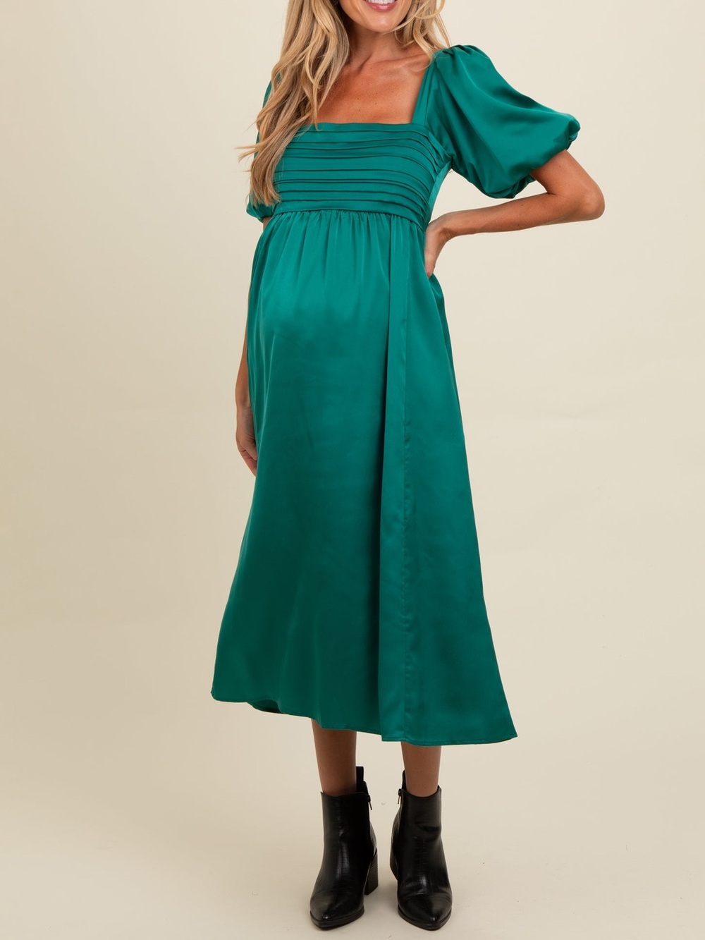 Elloh Emerald Green Satin Pleated Bodice Puff Sleeve Maternity Midi Dress